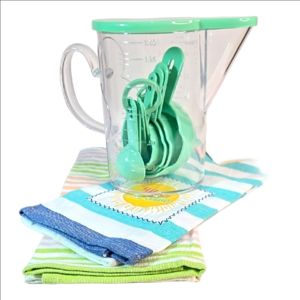Kitchen Set Mint Green Measuring Cups Spoons  Cotton Striped Kitchen Hand Towels